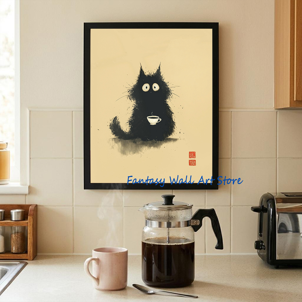Japanese Eating Lifestyle - Japanese Cat Art Whimsical Poster Vintage